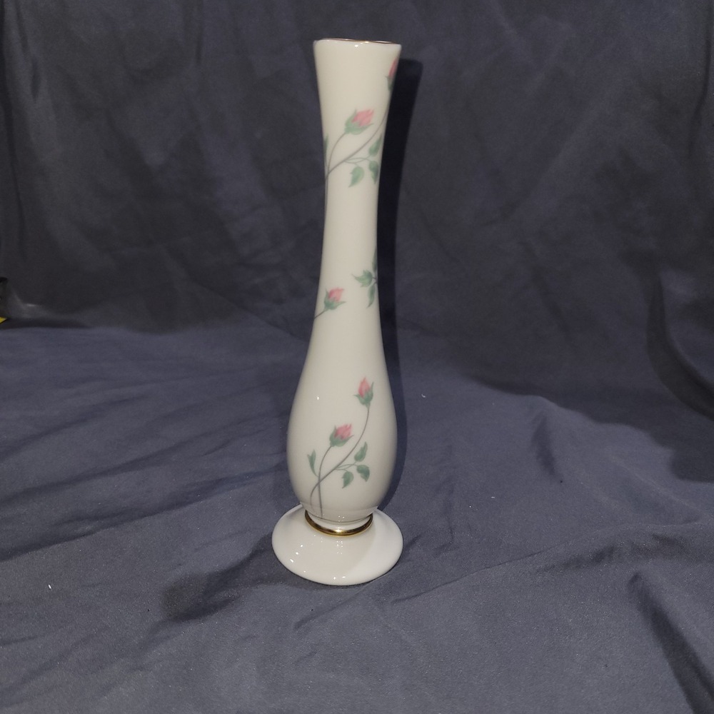Lenox 24 Gold Karat Rim Rose Manor Pink Rose Bud Vase 7 1/4" Vintage USA